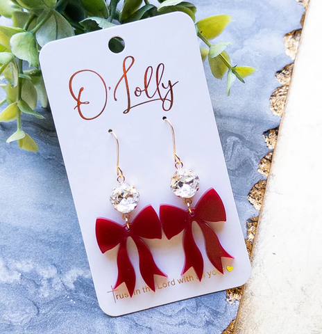 O’Lolly Dark Red Acrylic Bow w/Clear Stone Earrings