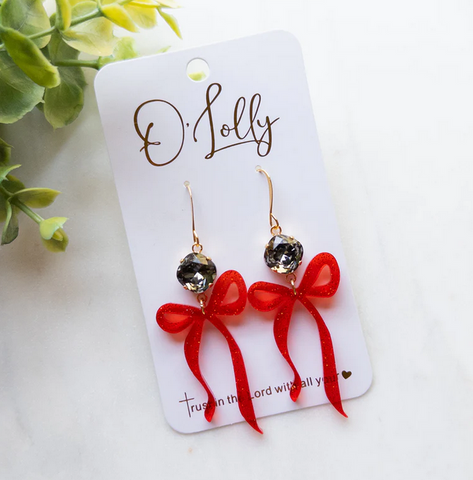 O’Lolly Red Glitter Acrylic Bow Earrings w/Charcoal Stone