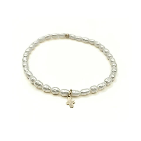 Erin Gray Rice Pearl Waterproof Bracelet with a Gold-Filled Luxe Cross